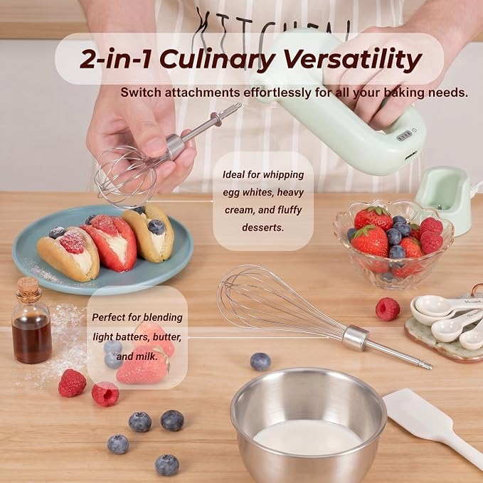 Colorful Mini Cordless Hand Mixer, Self-Standing USB Rechargeable Handheld Egg Beater with 4 Speeds & 2 Whisks, Lightweight Portable Electric Whisk for Kitchen Baking and Cooking(Pink)