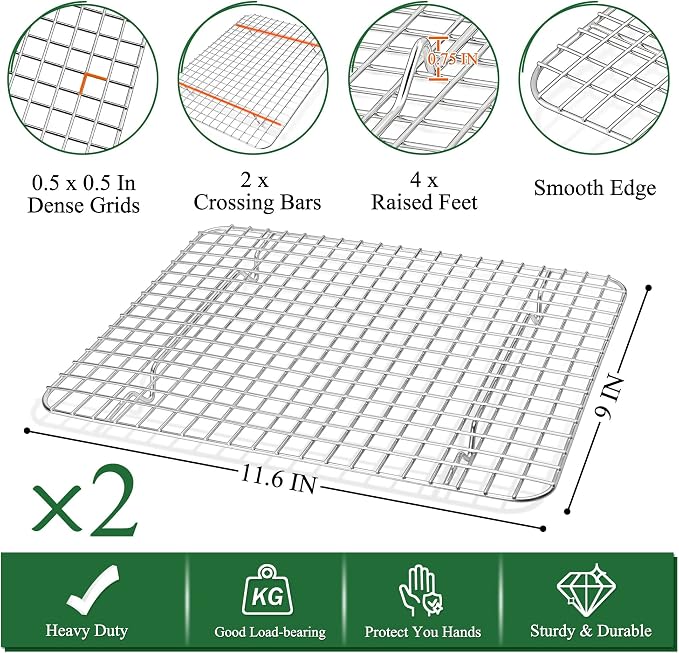 P&P CHEF 12.5 Inch Toaster Oven Pan with Rack Set, Stainless Steel Baking Pan Tray and Grid Cooling Rack for Cooking/Roasting, Dishwasher Safe & Easy to Clean, Non-toxic & Sturdy, (4Pcs)