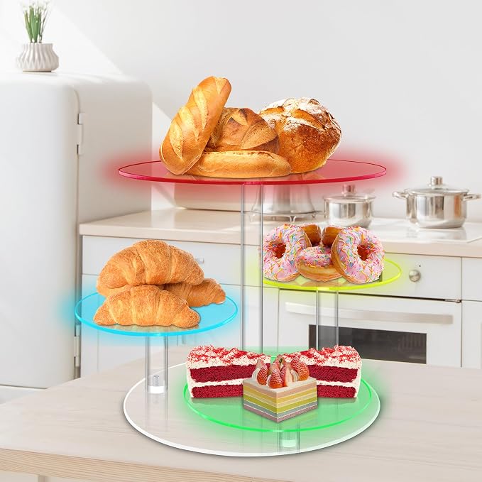 Cake Stand with Rechargable Light, 4 Tier LED Acrylic Cupcake Stand, Round Cake and Cupcake Stand Combo, Clear Tiered Cake Tower Stands for 50 Cupcakes, Display Stand for Wedding Birthday Party