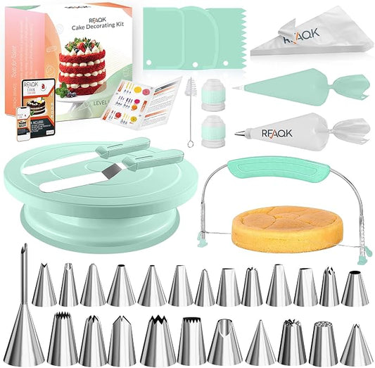 RFAQK 90PCs Cake Decorating Kit with Leveler, Baking Supplies Gift Includes Cake Stand Turntable, 24 Numbered Icing Tips, 55+1 Piping Bags, 2 Frosting Spatulas, 3 Scrappers, Video Course & Booklet