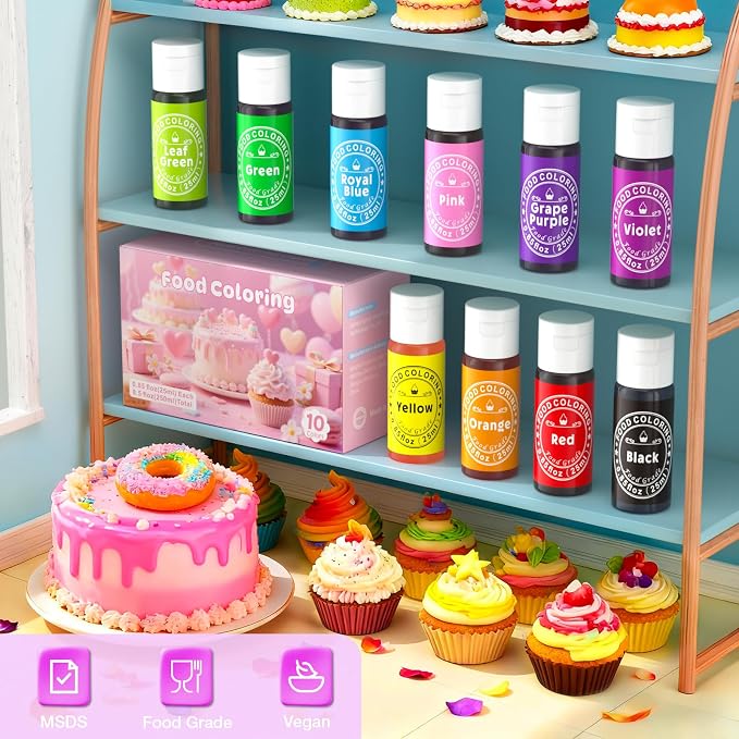 Food Coloring Liquid 25mlx10 Colors for Baking,Cherrysea Food Grade Cake Food Coloring Set for Halloween, Fondant, Cookies, Icing, Easter Egg Dessert Decorating Making DIY Supplies Kit
