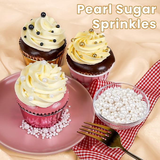Edible Pearls, Sprinkles for Cake Decorating, Gold Silver White and Black Pearl Sprinkles, Edible Cake Decorations, Cupcake Toppers, Ice Cream Toppings, 110g/3.88oz