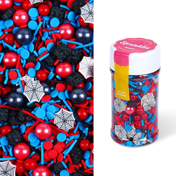 85g Edible Spider Sprinkles, Superhero Cake Decorating, Red and Blue Jimmies and Sugar Pearl for Themed Toppers, Birthday, Children's Party Supplies 3oz
