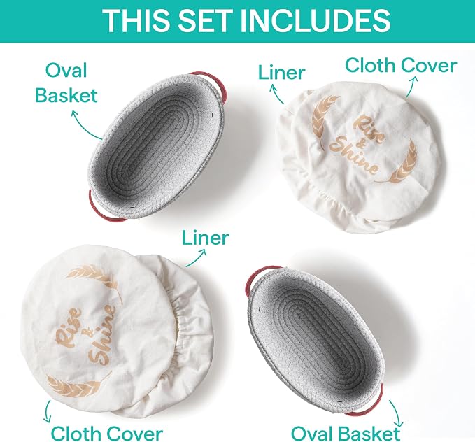 Baker's Secret Cotton Rope Banneton Bread Proofing Basket Set, 2 x Oval Bread Basket with Liners & Covers for Artisan Bread Baking, Sourdough Bread Baking Supplies