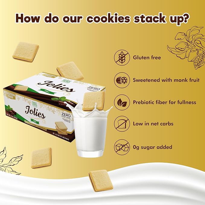 ChocZero Dark Chocolate Mint Jolies Cookies, Sugar Free Chocolate Filled Cookies, Gluten Free, Keto, Low Carb, High Fiber, 8 oz Box