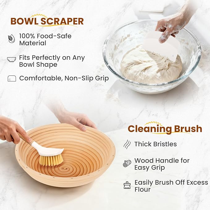 Nixta Bread Proofing Basket Set – 6-Piece Sourdough Bread Baking Kit with 9" Round & 10" Oval Banneton Baskets, Linen Liners, Danish Dough Whisk, Dough Scraper & 5 Stainless Steel Blades