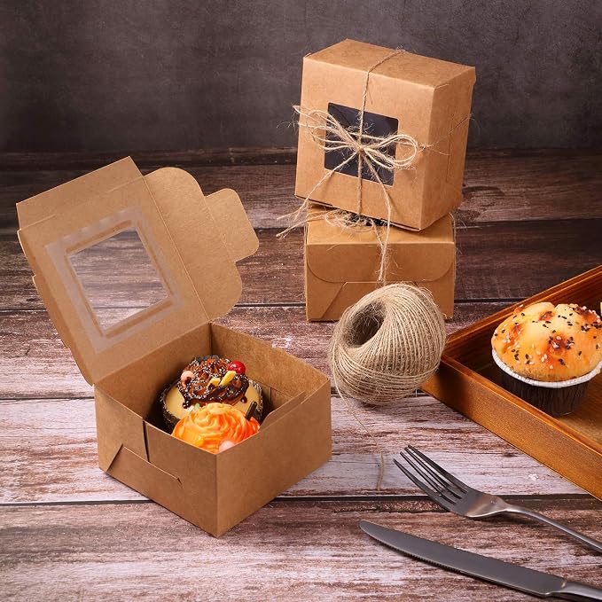 50 Pieces Bakery Box with Window Cookie Boxes Mini Kraft Boxes Gift for Pastries, Candy, Pie, Cupcakes, Soap Packaging for Homemade Soap (4 x 4 x 2.5 Inch, Brown)