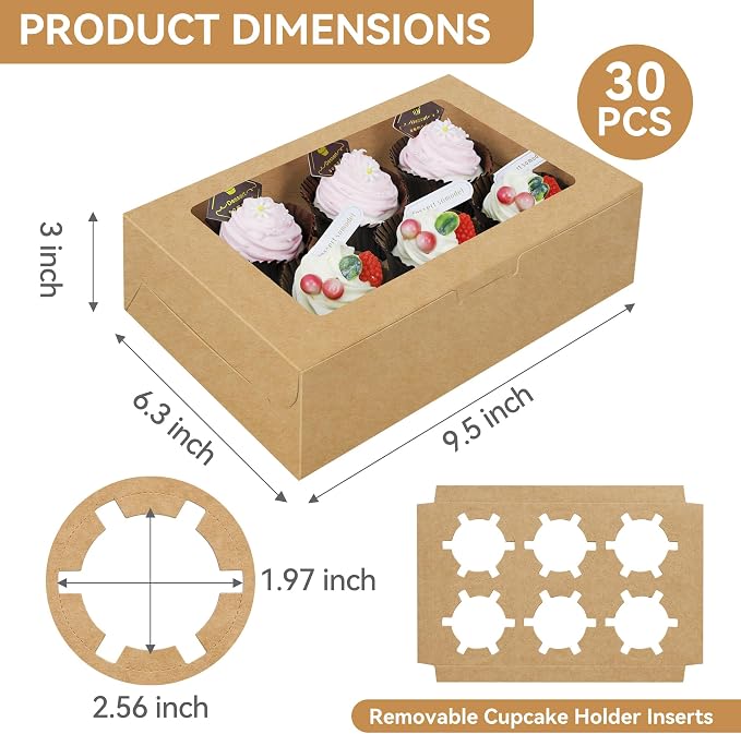 30-Set Cupcake Boxes Bulk with Clear Display Window Hold 6 Standard Cupcakes, Disposable Food Grade Brown Cupcake Carrier Cupcake Container, Perfect for Cupcakes Muffins Cookies Pastries