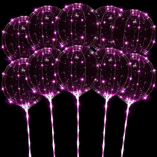 LED Balloons Light Up, 10 Pack LED Balloons with Sticks, 20 Inch Clear Bobo Balloon with Lights Helium Glow Bubble Lights for Party Supplies Valentines Decor (Pink)