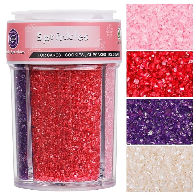 Valentines Sprinkles for Cake Decorating, Sanding Sugar 4 Colors 8oz Sparkling Purple Pink Red and White Decorating Coarse Sugar Crystals Sprinkles for Cake Cupcakes Cookie Ice Cream Baking Topping