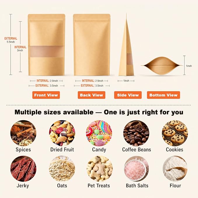 FireKylin 100 Pcs Resealable Bags, Paper Stand Up Pouches Bags with Matte Window for Small Businness, Zipper & Heat Sealable Treat Bags for Packaging(Inner Size 2.9" x 3"; Outer Size 3.5" x 5.5")