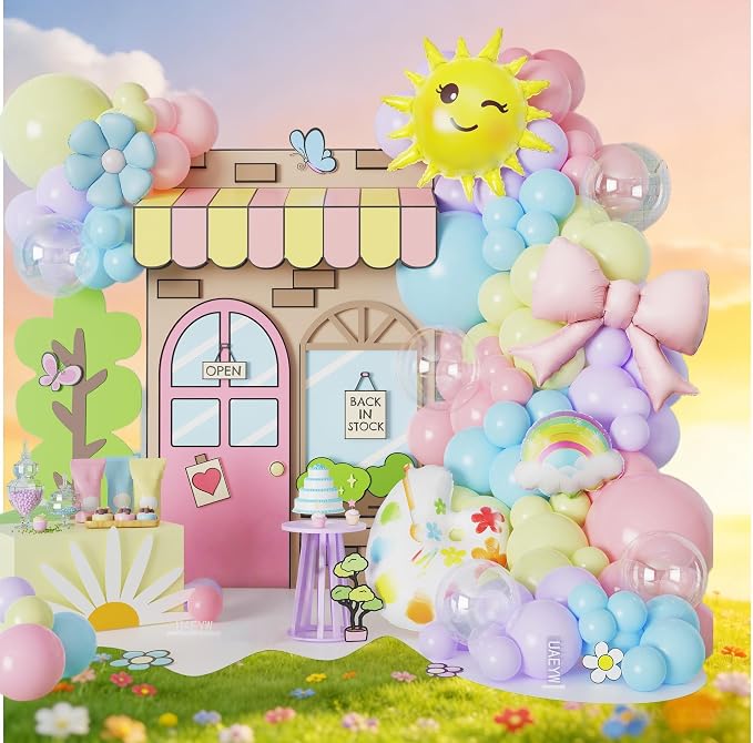Macaron Pastel Rainbow Balloon Arch Kit,136Pcs Blue Dog Balloon Decor with Rainbow Sun Foil Balloons for Gender Neutral Baby Shower Birthday Kindergarten Classroom Fairy Tale Party Decor