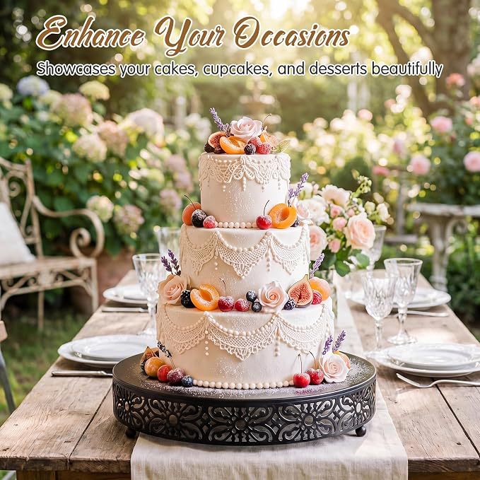 Wenqik 16 Inch Cake Stand Round Metal Cupcake Dessert Wedding Cake Stand Cookies Display Holder Fruit Food Serving Tray for Table Wedding Birthday Anniversary Party Decor (Black)