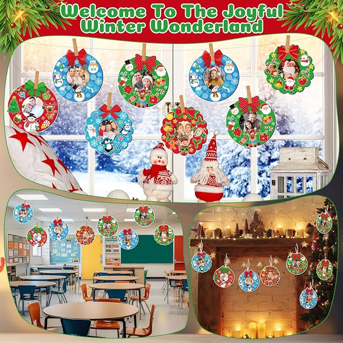 Dianelhall 24 Sets Christmas Picture Frame Craft Kit Xmas Wreath Photo Crafts Christmas Picture Frames Gift with Santa Stickers for Classroom Xmas Holiday Party Activities(Colorful Wreath)