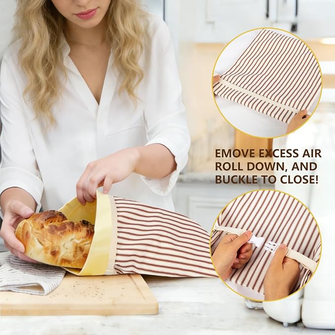 Stripe Reusable Beeswax Bread Bags for Homemade Bread & Sourdough, 2-Pack XL Airtight Food Storage Bags, Organic Cotton Linen Covers - Freezer-Friendly Freshness Preservation Keeps Fresh Longer