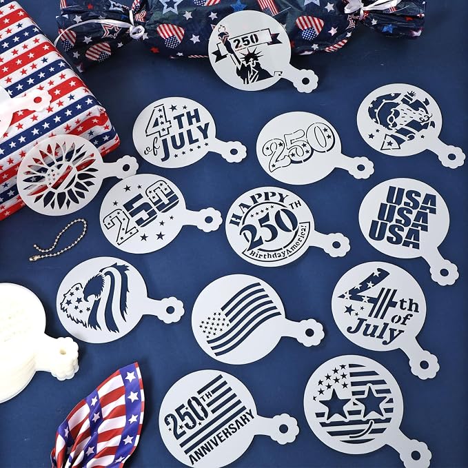 36PCS 4th of July Stencils for Painting,2.8" Cakes Cookies Templates Reusable for Baking,1776 American Independence Day Stencil for Flag Painting Dessert Coffee Patriotic Party Decoration