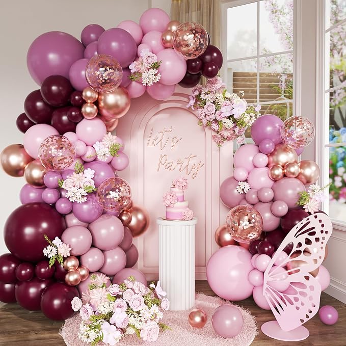 Retro Burgundy Balloon Arch Kit, 171Pcs Double-stuffed Dusty Pink Lavender Rose Pink Rose Gold Confetti Balloons for Baby Bridal Shower Wedding Engagement Birthday Party Decorations