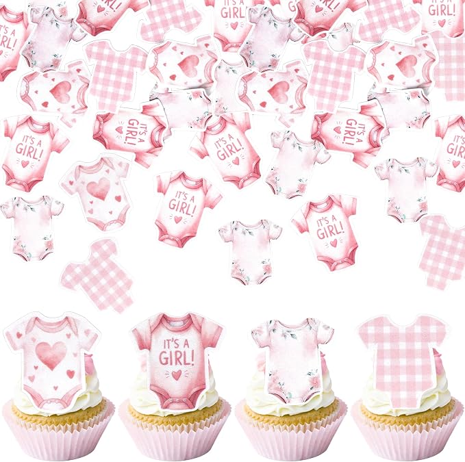 60 PCS Edible Bodysuit Cupcake Toppers Wafer Paper Baby Girl Cupcake Picks Edible It's a Girl Gingham Theme Party Decorations for Girls Birthday Gender Reveal Baby Shower Party Cake Decorations