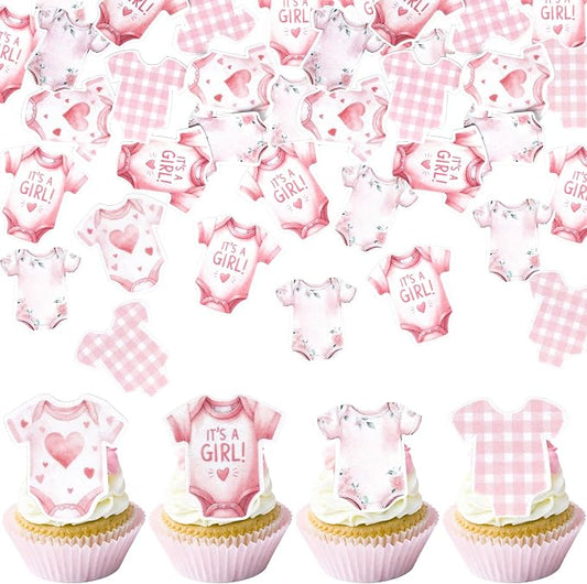 60 PCS Edible Bodysuit Cupcake Toppers Wafer Paper Baby Girl Cupcake Picks Edible It's a Girl Gingham Theme Party Decorations for Girls Birthday Gender Reveal Baby Shower Party Cake Decorations