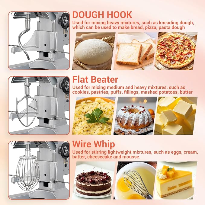 Commercial Food Mixer 10Qt. It can be set to run for 60 minutes at a time,500W Dough Mixer with Stainless Steel Bowl Dough Hooks Whisk Beater, With Safety Guard for Bakeries Restaurants Pizzerias