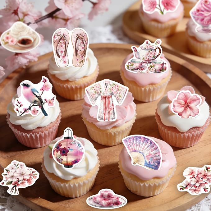 56PCS Edible Cherry Blossoms Cupcake Toppers Japanese Edible Cherry Flowers Tree Cake Picks Wafer Paper Cherry Cupcake Decors for Cherry Theme Party Cake Supplies