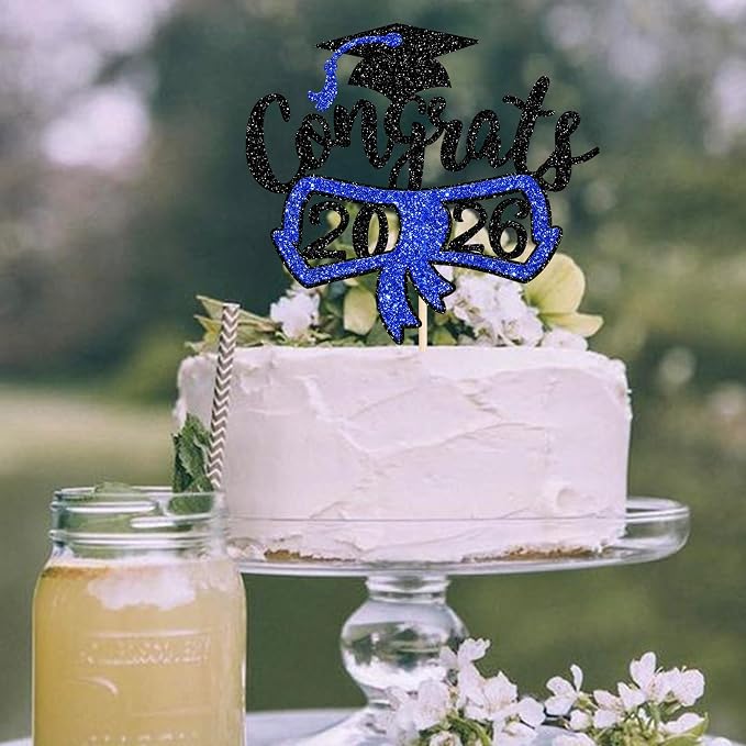 1 Pack Congrats 2026 Cake Topper Glitter Diploma Graduation Cap Cake Pick Contrats Class of 2026 Cake Decorations for 2026 Graduation Theme High School Boys Girls Graduate Party Blue