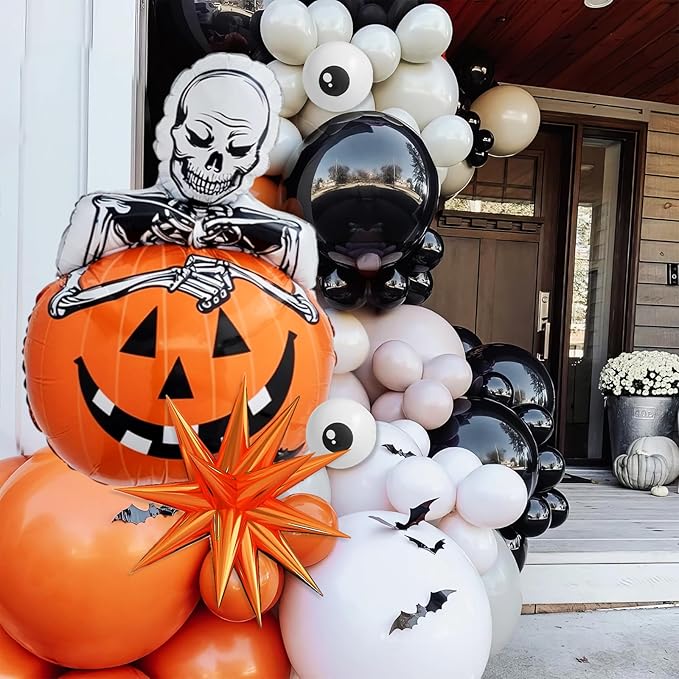 Halloween Balloon Arch Kit with Pumpkin Explosion Star Foil Balloons, Black Orange Beige Balloons Garland Kit with Eyes Balloons, halloween Party Balloons for Halloweens Home Garden Decorations