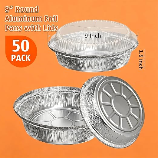 50 Pack 9" Round Aluminum Pans with Clear Lids, Pie Tins Disposable Foil Pans with Lids, Take Out Containers, Freezer Oven Safe Aluminum Baking Pans for Storing, Baking, Meal Prep & Reheating