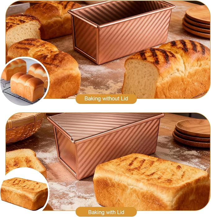 3 Pcs Pullman Loaf Pan with Lid, 2.2lb/1lb/0.5lb Dough Capacity, Non-Stick Carbon Steel Bread Pans for Homemade Bread Sandwich and Toast, Sourdough Loaf Pan with Lid, Corrugated Toast Mold (Golden）