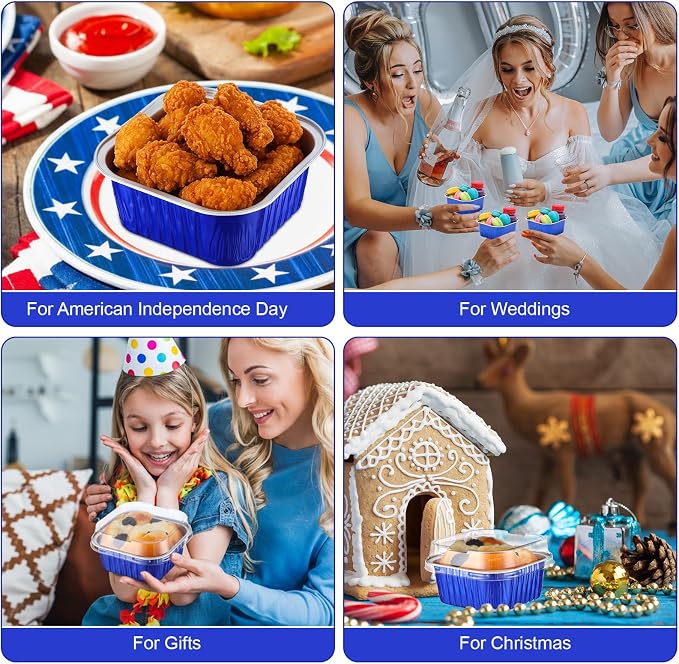 200 Pack 5 oz Mini Cake Pans with Lid, Aluminum Foil Mini Baking Tins, Square Disposable Cupcake Baking Cup Dessert Container for Wedding Birthday Party Picnic(Dark Blue,Classic)