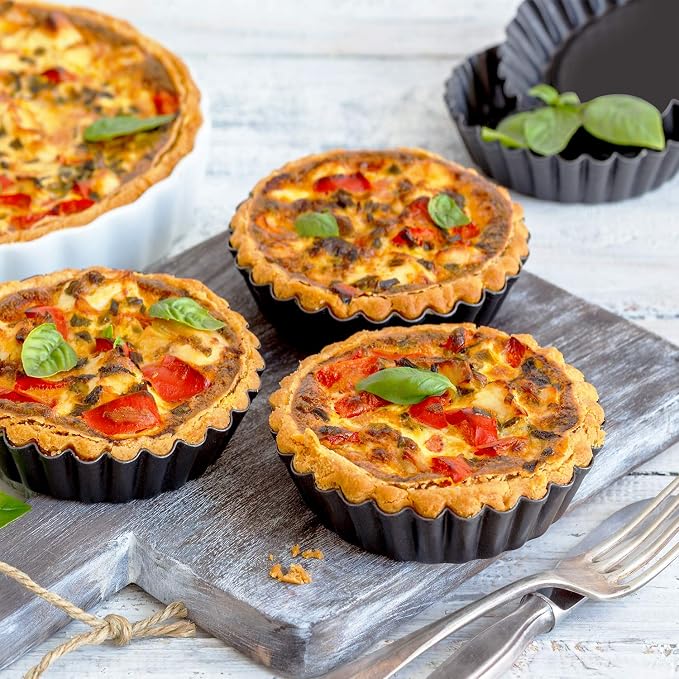 Laxinis World 4” Quiche Pans with Removable Bottom, Non-stick, Fluted Sides, Mini Tart Pans, Round Shape, Set of 6