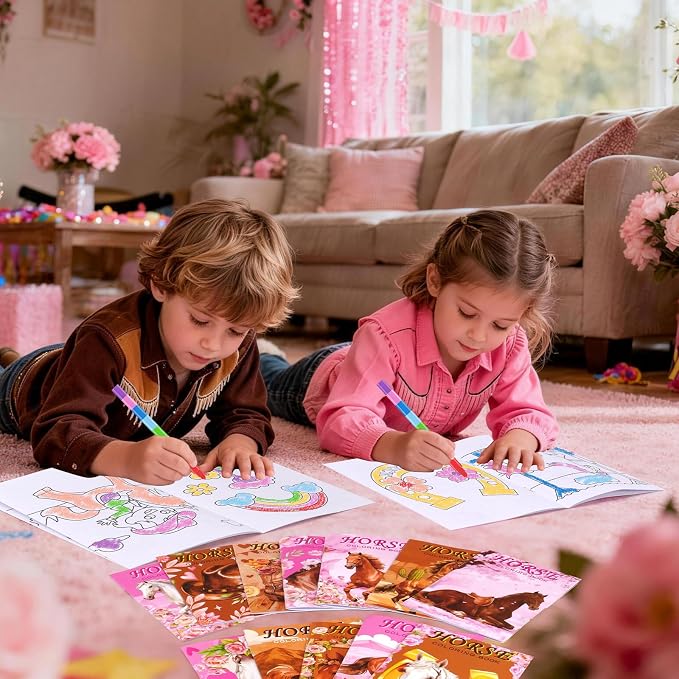 BenLouis 12 Horse Floral Mini Coloring Books Kids with 12 Stacking Crayons Cowgirl Party Favors Small Activity Books Bulk for Kids Girls Horse Racing Flower Party Gift Goodie Bag Stuffers