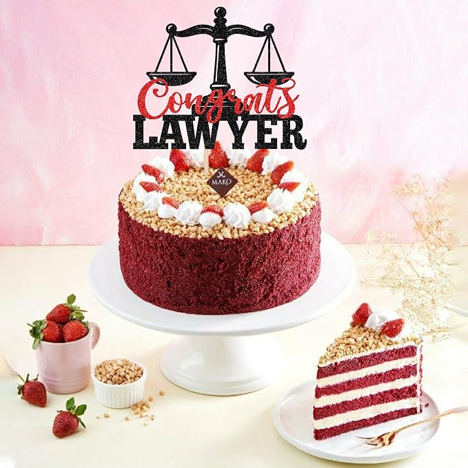 1 Pack Congrats Lawyer Cake Topper Glitter Class of 2026 Law School Survivor Cake Pick 2026 Graduation Cake Decorations for 2026 Lawyer Graduation Party Supplies Black Red