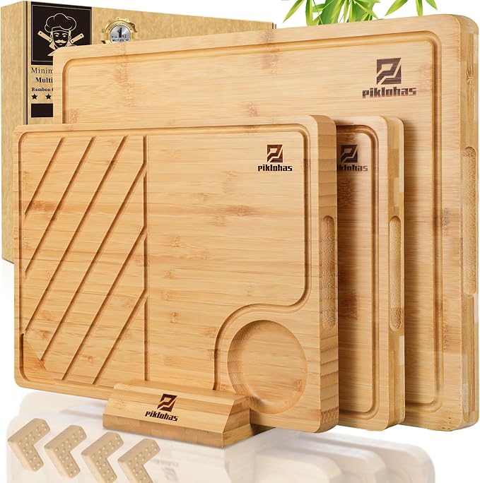 Bamboo Cutting Boards Large Set of 4 for Kitchen+Bread Slicer with Bread Knife