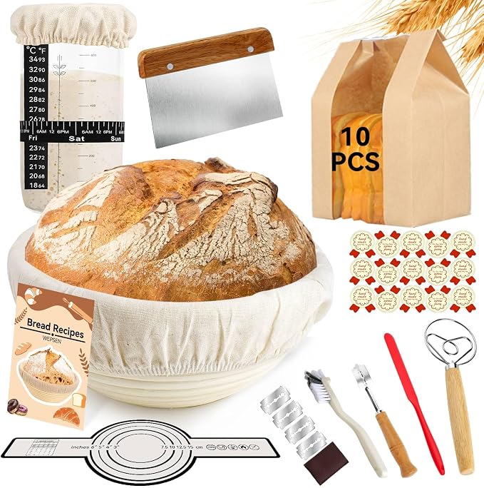 Sourdough Starter Kit,19PCS Banneton Bread Proofing Basket with Glass Sourdough Starter Jar, Sourdough Bread Baking Supplies, 9'' Round Bread Proofing Basket, for Bread Making Baking Fermentation