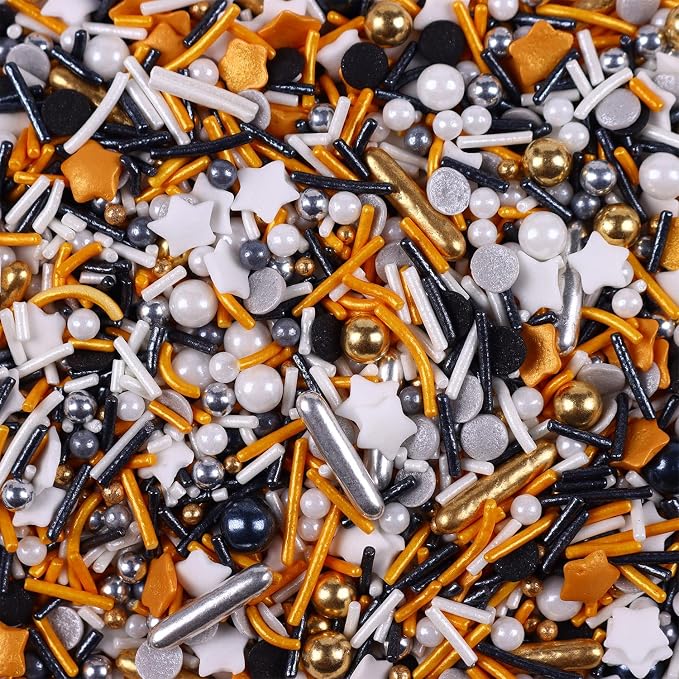 Black Sprinkles for Cake Decorating, 3.52oz Graduation Candy Sprinkles, Metallic Gold and Black Star Sprinkles for Cupcakes Baking Ice Cream Cookies, Wedding Birthday Party Decorations