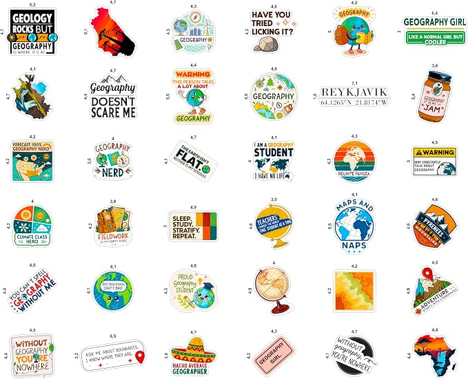 100Pcs Geography Stickers for Water Bottle, Laptop, Geography Gifts - Map, Globe, Social Studies Stickers Gifts - Gift for Women & Men
