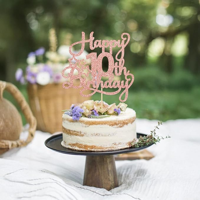 1 Pack Happy 10th Birthday Cake Topper Glitter Heart Star 10 Fabulous Cake Pick Birthday Sign Cake Decorations for Children 10th Birthday Theme Party Supplies Rose Gold