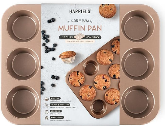 HAPPIELS 12-Cup Muffin Pan Nonstick, PFOA & BPA Free | Nontoxic Cupcake Tin | Best Non Stick Muffin Pans | Muffin tins | Cupcakes Tray | Carbon Steel Bakeware Mold Trays