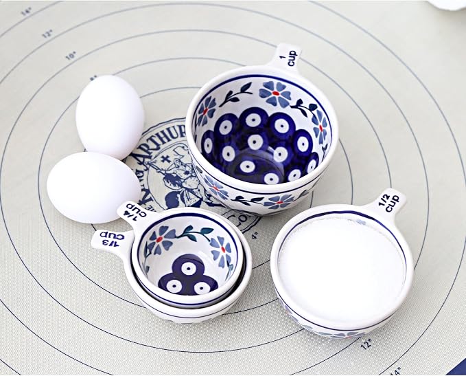 "Blue Rose Polish Pottery - Red Daisy Measuring Cup Set - 1 Set - Ceramic Nesting Measuring Bowls for Baking, Cooking & Kitchen Prep"