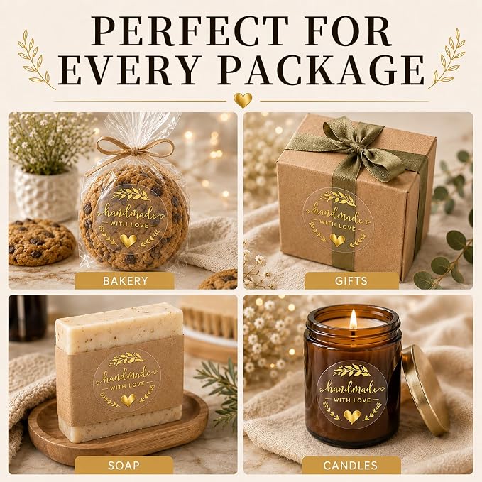 100 Handmade with Love Stickers, Clear Gold Foil Labels for Small Business Packaging, Bakery Boxes, Gift Bags, Cookies, Handmade Crafts & Customer Orders, 1.6 Inch Round