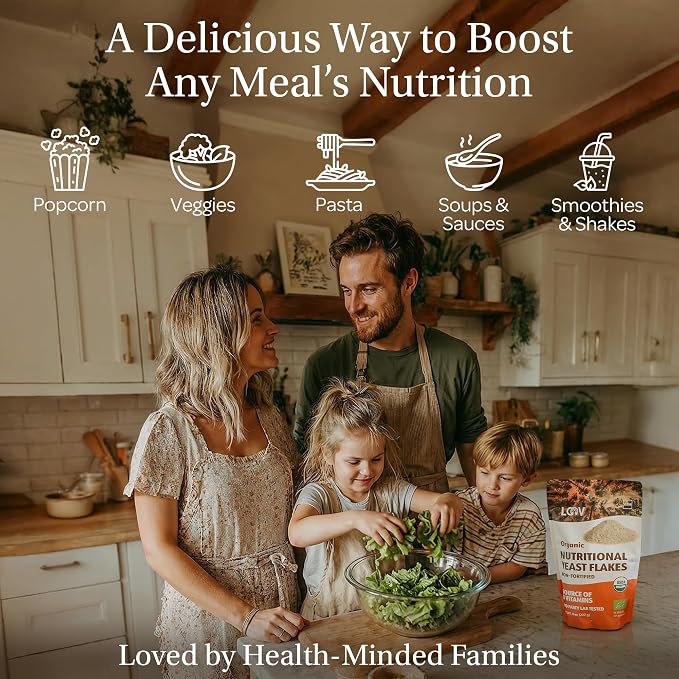 LOOV Organic Non-Fortified Nutritional Yeast Flakes - Vegan, Gluten Free, Non-GMO Unfortified Nooch - Good Source of Natural B-Vitamins - No Added Salt or Sugar - Resealable Bag, 8 Ounces (227 Grams)