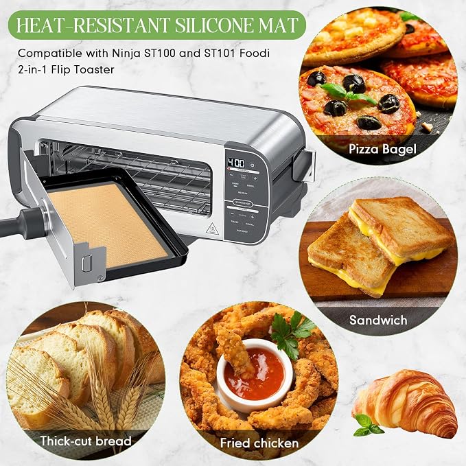 Baderke 2 Pack Toaster Oven Liner for Ninja St100 and St101 Foodi 2-in-1 Flip Toaster 9.6 x 5.6 in Silicone Liners Non Slip Silicone Baking Mat for Baking Cookies Bread Oven(Gray)