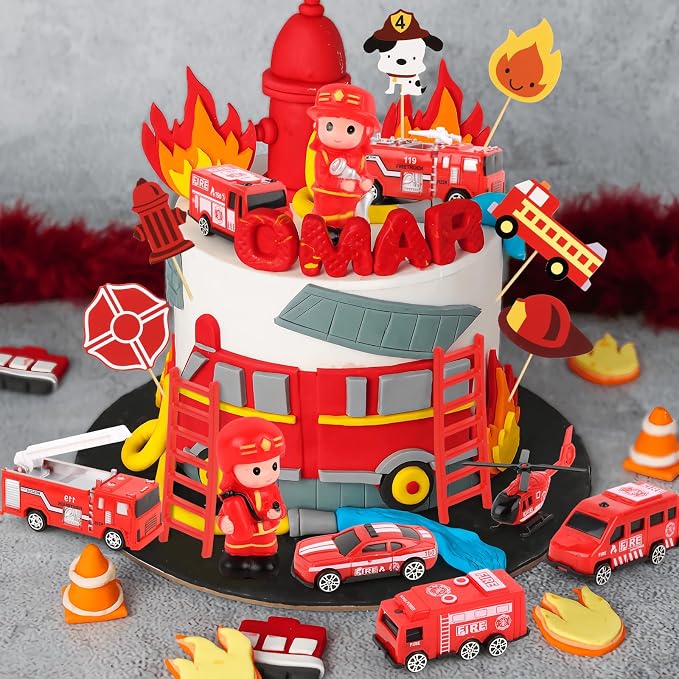 17PCS Fire Truck Cake Toppers Fire Truck Birthday Decorations Firetruck Cake Decorations for Kids Adult Birthday Party Supplies Fireman Firetruck Party Cake Decorations