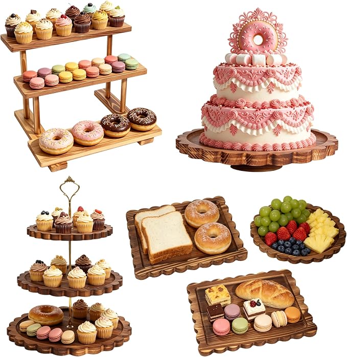 Set of 6 Wooden Dessert Table Display Set, Tiered Cupcake Stand & Serving Trays, 3-Tier Cupcake Tower, Round/Flat Platter, Cake Stand, Rotating Tray for Wedding, Party, Birthday