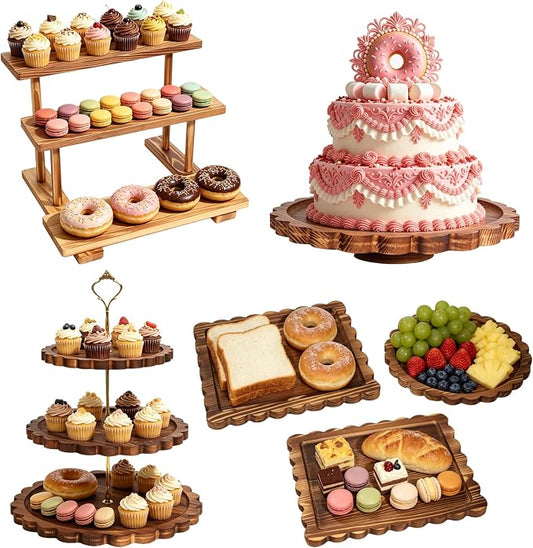 Set of 6 Wooden Dessert Table Display Set, Tiered Cupcake Stand & Serving Trays, 3-Tier Cupcake Tower, Round/Flat Platter, Cake Stand, Rotating Tray for Wedding, Party, Birthday