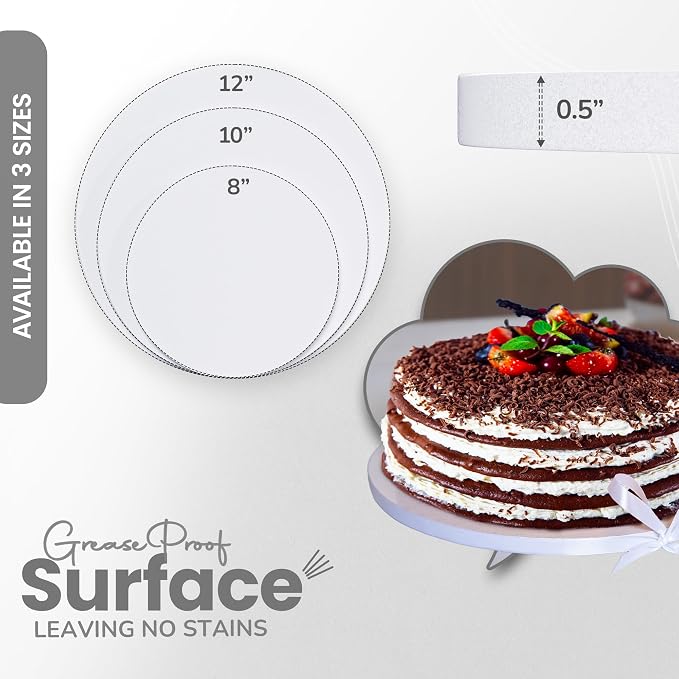 12-Pack Cake Drums 8,10 & 12 inch Reversible, Sturdy 1/2" Thick, Greaseproof, White | Free Prop Up Tool + Matching Ribbon | Professional Round Cake Boards for Tiered, Wedding, Birthday Cakes