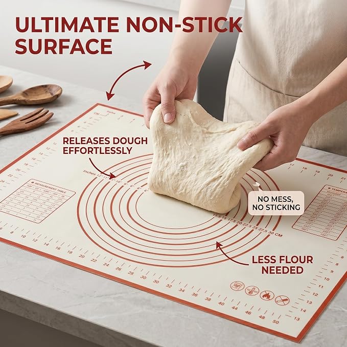 Pastry Mat for Rolling Dough - 24" x 16" Extra Large Silicone Baking Mat, 0.4mm Thick Non-Stick Bread Mat for Sourdough & Pizza, Non-Slip Kneading Mat with Measurements, Professional Grade