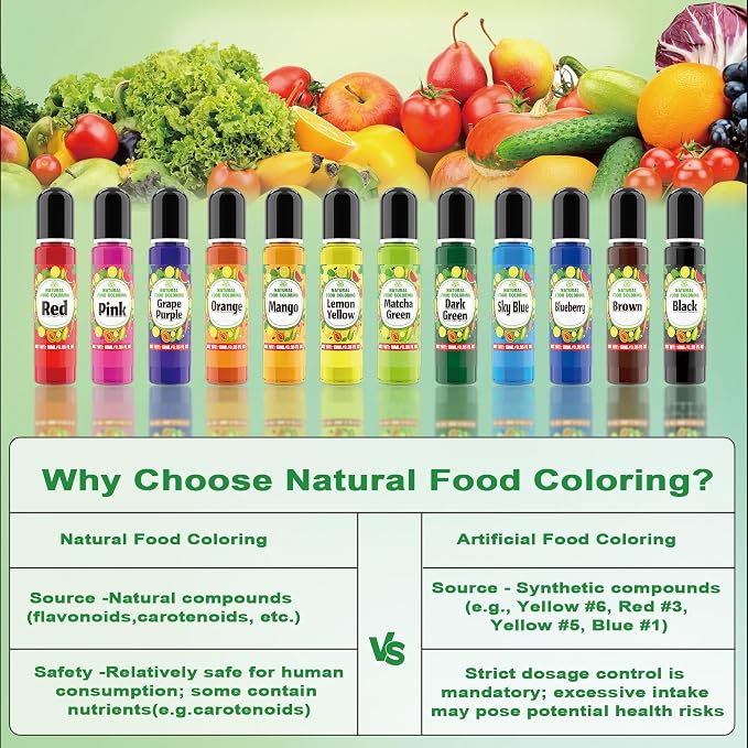 Natural Food Coloring Gel - 12 Colors FD&C & Artificial Dye Free Plant Based Food Coloring Liquid, Natural Food Dye for Baking, Frosting, Fondant, Cake Decorating - 0.35 fl.oz each