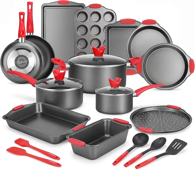 NutriChef 21-Piece Nonstick Cookware Set - PTFE/PFOA/PFOS Free Heat Resistant Lacquer Kitchen Ware Pots Pan w/ Cool-Touch Handles, Saucepan, Fry Pans, Lid, Bakeware, For Gas Electric Ceramic Cooktops